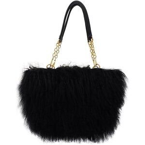 Black Fur Tote Bag Curly Lamb Hair Plush Large with Leather Handles